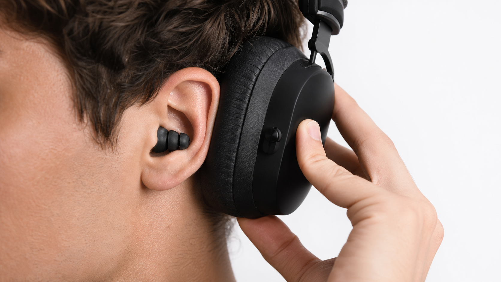 One headphone cup held over an ear wearing an earplug