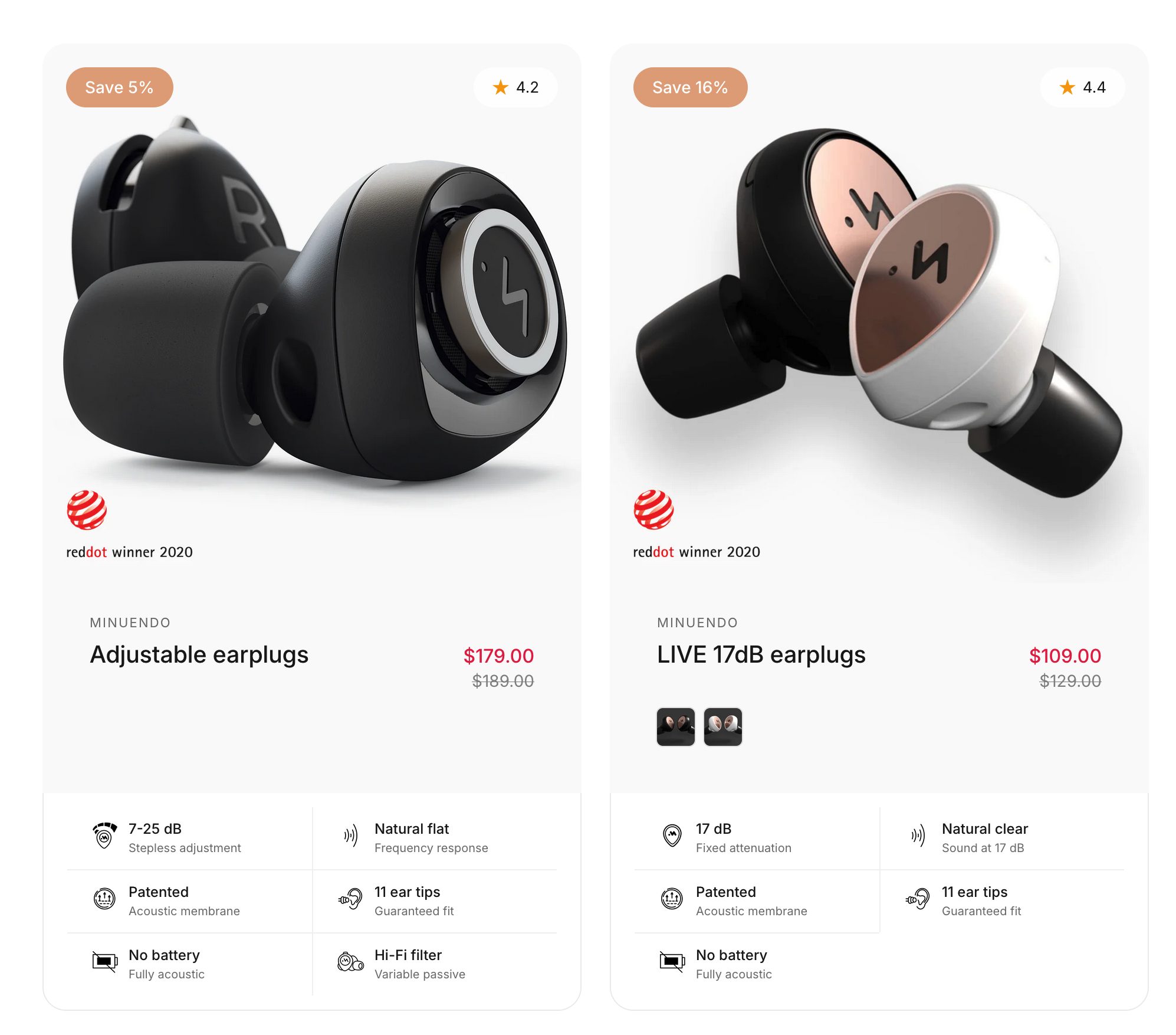 Minuendo Adjustable earplugs and LIVE 17dB earplugs product cards